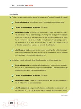 PRODUÇÃO INTEGRADA NO BRASIL
642
•	Avaliar e comparar sistemas de irrigação no programa de Produção Integrada de manga.
√√ Descrição da meta: racionalizar o uso e a conservação de água e energia.
√√ Tempo em que deve ser alcançada: 36 meses.
√√ Desempenho atual: muito embora existam tecnologias de irrigação já desen-
volvidas para o manejo racional da água na mangueira, tanto por microaspersão
quanto por gotejamento, a irrigação vem sendo praticada empiricamente, resul-
tando em maiores custos de produção, em razão de maior uso de água e ener-
gia, interferência na eficácia de produtos químicos, além de possíveis impactos
ambientais associados à erosão e ao aumento da salinidade.
√√ Aferidores da meta: programas de manejo para irrigação, estabelecidos por
meio do monitoramento da umidade do solo com tensiômetros, para os sistemas
de irrigação por microaspersão e gotejamento.
•	Implantar o manejo adequado da fertilização e avaliar a nutrição das plantas.
√√ Descrição da meta: correlacionar a fertilização com o estado nutricional da plan-
ta, a fim de se indicar o manejo adequado dos fertilizantes e utilizar indicadores da
qualidade do solo para fins de sustentabilidade.
√√ Tempo em que deve ser alcançada: 36 meses.
√√ Desempenho atual: manejo racional da fertilização pouco aplicado e inexistên-
cia de indicadores da qualidade do solo.
√√ Aferidores da meta: programa de fertilização estabelecido, de acordo com aná-
lise química do solo, tecidos vegetais e indicadores de qualidade do solo definido.
continua...
...continuação
 