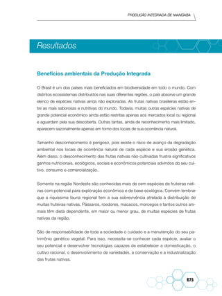 Produção integrada de mangaba
675
Resultados
Benefícios ambientais da Produção Integrada
O Brasil é um dos países mais beneficiados em biodiversidade em todo o mundo. Com
distintos ecossistemas distribuídos nas suas diferentes regiões, o país absorve um grande
elenco de espécies nativas ainda não exploradas. As frutas nativas brasileiras estão en-
tre as mais saborosas e nutritivas do mundo. Todavia, muitas outras espécies nativas de
grande potencial econômico ainda estão restritas apenas aos mercados local ou regional
e aguardam pela sua descoberta. Outras tantas, ainda de reconhecimento mais limitado,
aparecem sazonalmente apenas em torno dos locais de sua ocorrência natural.
Tamanho desconhecimento é perigoso, pois existe o risco de avanço da degradação
ambiental nos locais de ocorrência natural de cada espécie e sua erosão genética.
Além disso, o desconhecimento das frutas nativas não cultivadas frustra significativos
ganhos nutricionais, ecológicos, sociais e econômicos potenciais advindos do seu cul-
tivo, consumo e comercialização.
Somente na região Nordeste são conhecidas mais de cem espécies de fruteiras nati-
vas com potencial para exploração econômica e de base ecológica. Convém lembrar
que a riquíssima fauna regional tem a sua sobrevivência atrelada à distribuição de
muitas fruteiras nativas. Pássaros, roedores, macacos, morcegos e tantos outros ani-
mais têm dieta dependente, em maior ou menor grau, de muitas espécies de frutas
nativas da região.
São de responsabilidade de toda a sociedade o cuidado e a manutenção do seu pa-
trimônio genético vegetal. Para isso, necessita-se conhecer cada espécie, avaliar o
seu potencial e desenvolver tecnologias capazes de estabelecer a domesticação, o
cultivo racional, o desenvolvimento de variedades, a conservação e a industrialização
das frutas nativas.
 