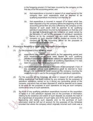 in the foregoing proviso) if it had been incurred by the company on the
                  first day of its first accounting period, and

                  (a)    that expenditure is incurred in respect of an asset owned by the
                         company then such expenditure shall be deemed to be
                         qualifying expenditure incurred by it on that day; or

                  (b)    that expenditure is incurred in respect of an asset which has
                         been disposed of by the company before the beginning of its first
                         accounting period then any loss suffered by the company on the
                         disposal of such asset shall be deemed to be qualifying
                         petroleum expenditure incurred by the company on that day and
                         be deemed to have brought into existence an asset owned by
                         the company in use for the purposes of petroleum operations
                         carried on by the company, and any profit realised by the
                         company on such disposal shall be treated as income of the
                         company of its first accounting period for the purposes of
                         subsection (3) of section 304

2.   Provisions Relating to Qualifying Petroleum Expenditure

     (1)   For the purposes of this Schedule where-

           (a)    expenditure has been incurred before its first accounting period and
                  such expenditure would have been treated as such qualifying
                  petroleum expenditure (ascertained without the qualification contained
                  in the proviso in the interpretation of qualifying expenditure) if it had
                  been incurred in that first accounting period; and

           (b)    such expenditure (ascertained in the case of sub-paragraph (1)(a) of
                  this paragraph without such qualification) shall be deemed to have
                  brought into existence an asset owned by the company incurring the
                  expenditure and in use for the purposes of such petroleum operations.

     (2)   For the purposes of this Schedule, an asset in respect of which qualifying
           drilling expenditure has been incurred by any company for the purposes of
           petroleum operations carried on by it during any accounting period of the
           company, and which has not been disposed of, shall be deemed not to cease
           to be used for the purposes of such operations so long as such company
           continues to carry on such operations.

     (3)   So much of any qualifying petroleum expenditure incurred on the acquisition
           of rights in or over petroleum deposits and on the purchase of information
           relating to the existence and extent of such deposits as exceeds the total of
           the original cost of acquisition of such rights and of the cost of searching for,
           discovering and testing such deposits prior to the purchase of such
           information shall be left out of account for the purposes of this Schedule
           provided that where the company which originally incurred such costs was a
                                                                                        212
 
