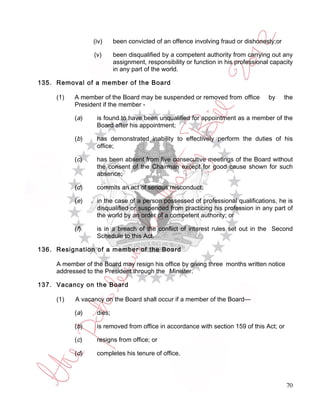 (iv)     been convicted of an offence involving fraud or dishonesty;or

                  (v)      been disqualified by a competent authority from carrying out any
                           assignment, responsibility or function in his professional capacity
                           in any part of the world.

135. Removal of a member of the Board

     (1)   A member of the Board may be suspended or removed from office            by     the
           President if the member -

           ( a)    is found to have been unqualified for appointment as a member of the
                   Board after his appointment;

           (b)     has demonstrated inability to effectively perform the duties of his
                   office;

           (c)     has been absent from five consecutive meetings of the Board without
                   the consent of the Chairman except for good cause shown for such
                   absence;

           (d)     commits an act of serious misconduct;

           (e)     in the case of a person possessed of professional qualifications, he is
                   disqualified or suspended from practicing his profession in any part of
                   the world by an order of a competent authority; or

           (f)     is in a breach of the conflict of interest rules set out in the Second
                   Schedule to this Act.

136. Resignation of a member of the Board

     A member of the Board may resign his office by giving three months written notice
     addressed to the President through the Minister.

137. Vacancy on the Board

     (1)   A vacancy on the Board shall occur if a member of the Board—

           (a)     dies;

           (b)     is removed from office in accordance with section 159 of this Act; or

           (c)     resigns from office; or

           (d)     completes his tenure of office.




                                                                                           70
 