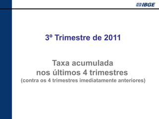 3º Trimestre de 2011


          Taxa acumulada
      nos últimos 4 trimestres
(contra os 4 trimestres imediatamente anteriores)
 