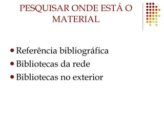 PESQUISAR ONDE ESTÁ O MATERIAL Referência bibliográfica Bibliotecas da rede Bibliotecas no exterior 