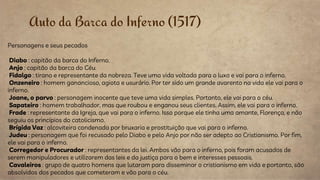 Auto da Barca do Inferno (1517)
Personagens e seus pecados
Diabo : capitão da barca do Inferno.
Anjo : capitão da barca do Céu.
Fidalgo : tirano e representante da nobreza. Teve uma vida voltada para o luxo e vai para o inferno.
Onzeneiro : homem ganancioso, agiota e usurário. Por ter sido um grande avarento na vida ele vai para o
inferno.
Joane, o parvo : personagem inocente que teve uma vida simples. Portanto, ele vai para o céu.
Sapateiro : homem trabalhador, mas que roubou e enganou seus clientes. Assim, ele vai para o inferno.
Frade : representante da Igreja, que vai para o inferno. Isso porque ele tinha uma amante, Florença, e não
seguiu os princípios do catolicismo.
Brígida Vaz : alcoviteira condenada por bruxaria e prostituição que vai para o inferno.
Judeu : personagem que foi recusado pelo Diabo e pelo Anjo por não ser adepto ao Cristianismo. Por fim,
ele vai para o inferno.
Corregedor e Procurador : representantes da lei. Ambos vão para o inferno, pois foram acusados de
serem manipuladores e utilizarem das leis e da justiça para o bem e interesses pessoais.
Cavaleiros : grupo de quatro homens que lutaram para disseminar o cristianismo em vida e portanto, são
absolvidos dos pecados que cometeram e vão para o céu.
 