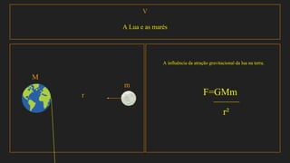 V
A Lua e as marés
A influência da atração gravitacional da lua na terra.
F=GMm
r²
M
m
r
 