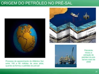 ORIGEM DO PETRÓLEO NO PRÉ-SAL Processo de aparecimento do Atlântico Sul, entre 140 e 60 milhões de anos atrás, quando se formou o petróleo do pré-sal Petrobrás iniciou a extração de petróleo do pré-sal em maio de 2009 