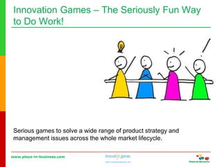 www.plays-in-business.com
www.innovationgames.com
Innovation Games ‒ The Seriously Fun Way
to Do Work!
Serious games to solve a wide range of product strategy and
management issues across the whole market lifecycle.
 