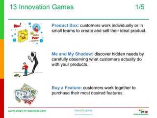 www.plays-in-business.com
www.innovationgames.com
13 Innovation Games 1/5
Product Box: customers work individually or in
small teams to create and sell their ideal product.
Me and My Shadow: discover hidden needs by
carefully observing what customers actually do
with your products.
Buy a Feature: customers work together to
purchase their most desired features.
 