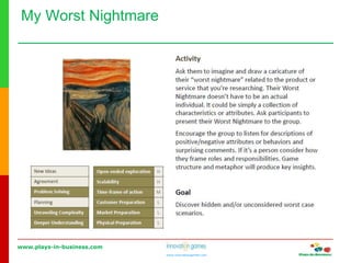 www.plays-in-business.com
www.innovationgames.com
My Worst Nightmare
 
