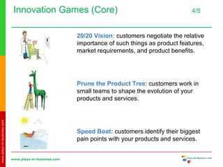 www.plays-in-business.com
www.plays-in-business.com
Innovation Games (Core) 4/5
20/20 Vision: customers negotiate the relative
importance of such things as product features,
market requirements, and product benefits.
Prune the Product Tree: customers work in
small teams to shape the evolution of your
products and services.
Speed Boat: customers identify their biggest
pain points with your products and services.
 
