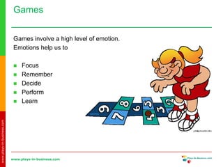 www.plays-in-business.com
www.plays-in-business.com
Games
Games involve a high level of emotion.
Emotions help us to
 Focus
 Remember
 Decide
 Perform
 Learn
 