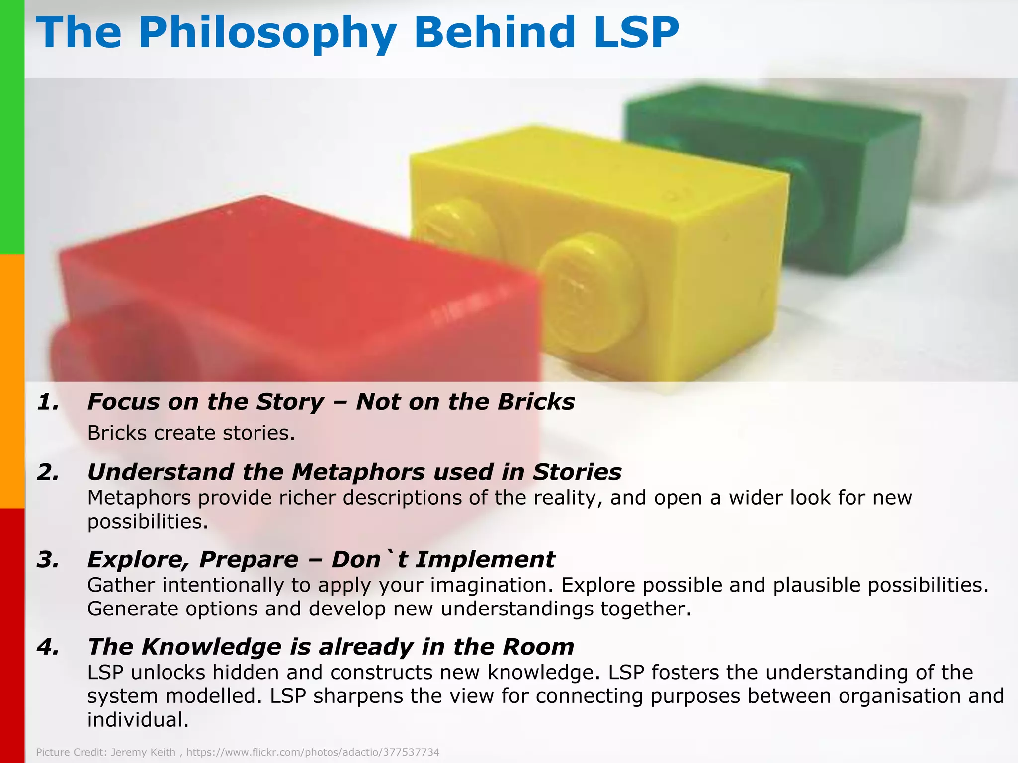 Models are Metaphors – Give Them Meaning! 
Rituals our floor shop 
Skills & Technology 
are my pride 
www.plays-in-business.com 
Management 
leads me 
Management 
collaborates with 
Shares & Gains 
rewards 
Near 
competitors 
endanger me 
Controlling 
watches me 
Product 
Development 
brings me money 
Business 
Development 
improves me 
supports me 
Construct models to answers challenges. 
Picture Credit: http://www.mathewbirch.com 
Vision & Strategy 
drive me 
 