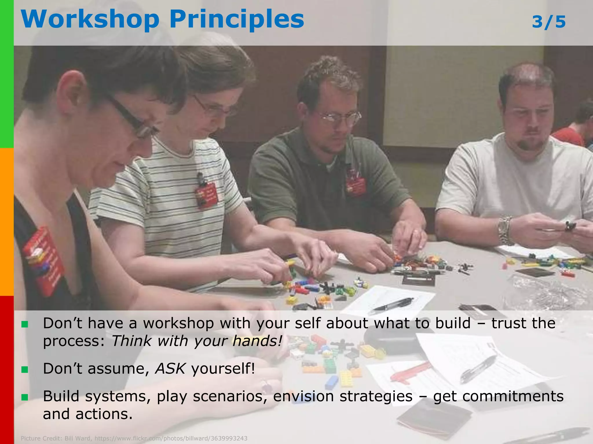 Why LSP works 2/2 
 As metaphors the models opens a wide door of interpretation and 
fantasy. 
 LSP engages communication: participants explain the metaphors of all 
the model’s meanings. 
 Building with the hands creates strong involvement and commitment. 
“Hands-on”, “Minds-on” building. 
www.plays-in-business.com 
Picture Credit: Wolfgang Lonien, https://www.flickr.com/photos/wjlonien/11027445953 
 