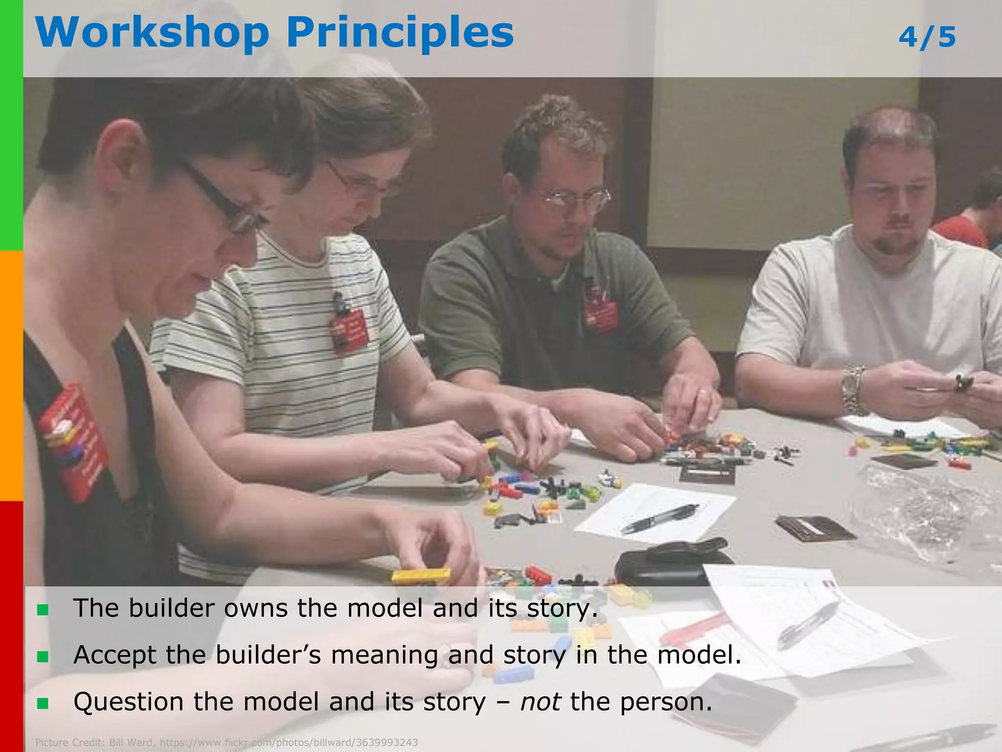 Workshop Principles 1/5 
 The facilitator sets the challenge and timelines, and guides the process. 
 The model is your answer to the challenge. 
 www.There plays-in-is business.no right com 
or wrong answer in building with the bricks. 
Picture Credit: Bill Ward, https://www.flickr.com/photos/billward/3639993243 
 