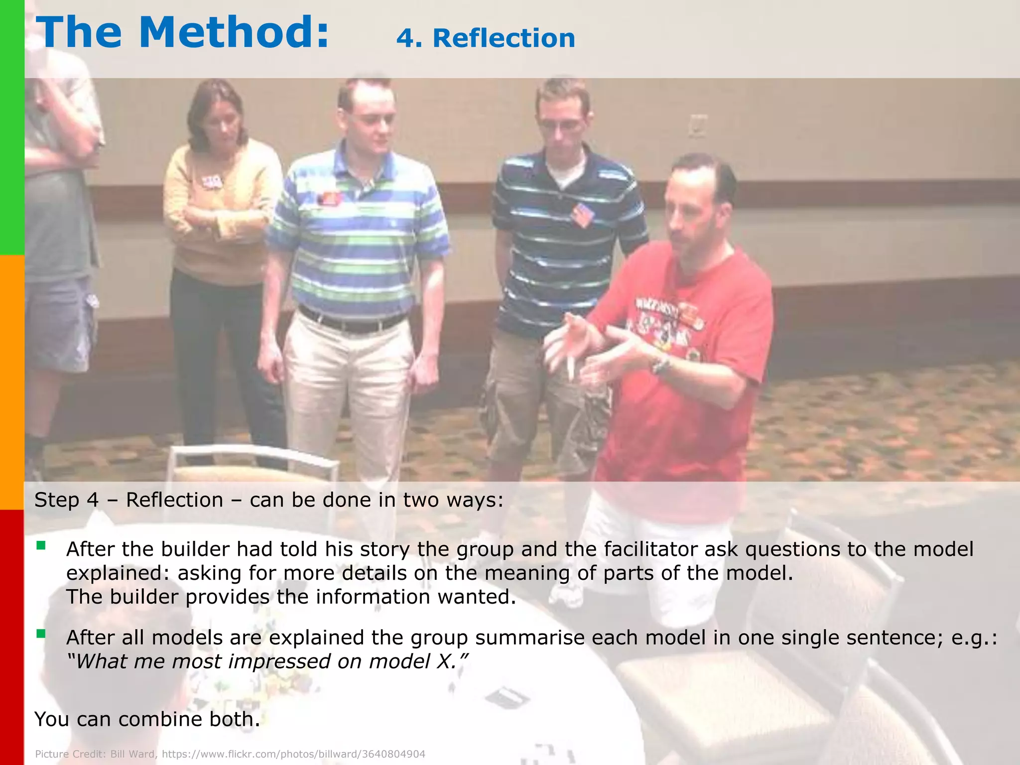 The Method: 1. Challenge 
In step 1 the facilitator pose a challenge. This challenge depends entirely on the issues and 
topics the workshop shall address. 
There is no standardised question set in LSP. 
This question will determine the content of steps 2, and 3. 
www.plays-in-business.com 
The results of steps 2 and 3 will serve as answer to the challenge raised. 
Picture Credit: Jaap den Dulk , https://www.flickr.com/photos/11527081@N05/2940863843 
 