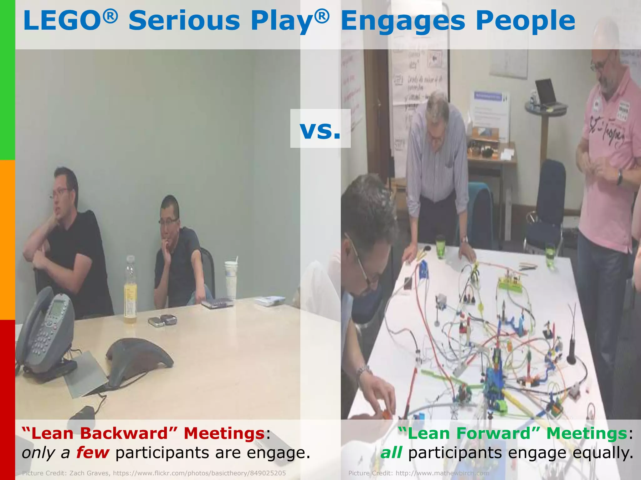 LEGO® Serious Play® Engages People 
“Lean Backward” Meetings: 
only a few participants are 
www.plays-in-business.com 
engage. 
Picture Credit: Zach Graves, https://www.flickr.com/photos/basictheory/849025205 Picture Credit: http://www.mathewbirch.com 
“Lean Forward” Meetings: 
all participants engage equally. 
vs. 
 