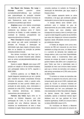 São Miguel dos Campos, Rio Largo e                             variações positivas no subsetor de Produção e
Coruripe            também            possuem              usinas     distribuição de eletricidade, gás, água, esgoto e
sucroalcooleiras/termelétricas,            que      contribuem        limpeza urbana.
para     potencialização        da    produção           industrial          Este subsetor apresenta dentre os vários
colocando-os entre os dez maiores municípios do                       indicadores, o de água, gás canalizado, geração,
setor. Destacam-se, ainda, como importantes                           distribuição e consumo total de energia elétrica.
produtores de petróleo e gás natural.                                        A energia elétrica serve também como
       Arapiraca possui uma relativa concentração                     parâmetro       para    a     medição     do   grau    de
de     indústrias     de    pequeno        e   médio        porte,    desenvolvimento de uma cidade, estado e nação
viabilizando     seu       destaque       como      2°     Centro     pois     sinaliza      que    seus      cidadãos     estão
Econômico do Estado. Lá estão instaladas uma                          conseguindo ter acesso a bens ou serviços e que
variedade      de     indústrias,     principalmente          nos     o governo está chegando a partes de seu território
segmentos alimentícios e bebidas.                                     que antes não chegava por inúmeros empecilhos
       Pilar e Coruripe têm atuação na produção de                    logísticos desde dificuldades técnicas passando
gás natural que está sendo contemplado na                             por obstáculos naturais.
atividade      de     Produção        e    distribuição         de             O Estado de Alagoas como prova seus
eletricidade e gás, água, esgoto e limpeza urbana.                    números de PIB vem crescendo de uma forma
Além de se destacar na produção de petróleo                           satisfatória ao longo dos anos, um destes efeitos
(Indústria extrativa mineral).                                        é o aumento da demanda dos cidadãos por
       Nos demais municípios vale frisar que os                       energia elétrica, visto a sua maior disponibilidade
destaques na atividade Industrial estão voltados                      financeira aliado a investimentos feitos pela
para as usinas sucroalcooleiras/termelétricas que                     empresa de energia do estado e também pelo
estes abrigam.                                                        governo federal, este último com o programa Luz
       Quanto à capital - Maceió, esta ocupa a 80ª                    para Todos que leva a eletricidade para a
posição em relação ao VA da indústria brasileira,                     população do meio rural concorre desta maneira
com participação relativa de 0,21%, segundo o                         para que o número de domicílios com acesso a
IBGE (2006).                                                          este serviço aumentasse em 2,78% entre os anos
       Conforme podemos ver na Tabela 10, a                           de 2005 e 2006.
Capital Alagoana caracteriza-se por ser o grande                               O aumento no número de domicílios não
pólo industrial do estado comportando diversas                        se refletiu no segmento de consumo, pois no seu
indústrias de pequeno, médio e grande porte,                          computo geral, este cai em 2,04%, explicado pela
principalmente na área química voltada para a                         queda de 15,32% no consumo industrial em
produção de soda cáustica, cloro, dicloroetano e                      virtude da diminuição na atividade de Indústria de
policloreto de vinila (PVC). Também se sobressai                      Transformação que tem uma participação das
nas      indústrias        alimentícias,       de        bebidas,     mais destacadas no Setor Secundário de Alagoas.
combustíveis e de construção civil.                                   As     demais       classes    não   tiveram       grandes
       Palmeira dos Índios figura entre os 10                         oscilações, apenas a residencial merece algum
maiores     na      Indústria    Alagoana,          com       uma     destaque uma vez que participa de forma
participação de 1,34%, no ano de 2006. Esta                           bastante significativa, 33,80% do consumo total e
atividade    tem      uma     influência       relevante       das    no biênio 2005-2006 cresce 4,41%.
Indústrias de beneficiamento de leite e frutas                                 Os municípios de Maceió e Marechal
instaladas na região. Nesse mesmo período obteve                      Deodoro absorvem a maior parte do consumo de


                                                                                                                               32
 