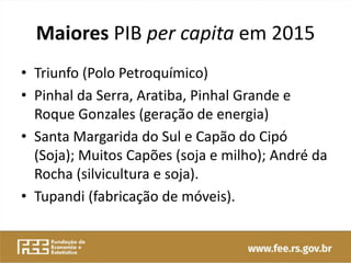 Maiores PIB per capita em 2015
• Triunfo (Polo Petroquímico)
• Pinhal da Serra, Aratiba, Pinhal Grande e
Roque Gonzales (geração de energia)
• Santa Margarida do Sul e Capão do Cipó
(Soja); Muitos Capões (soja e milho); André da
Rocha (silvicultura e soja).
• Tupandi (fabricação de móveis).
 