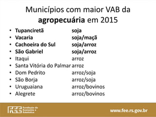 Municípios com maior VAB da
agropecuária em 2015
• Tupanciretã soja
• Vacaria soja/maçã
• Cachoeira do Sul soja/arroz
• São Gabriel soja/arroz
• Itaqui arroz
• Santa Vitória do Palmar arroz
• Dom Pedrito arroz/soja
• São Borja arroz/soja
• Uruguaiana arroz/bovinos
• Alegrete arroz/bovinos
 