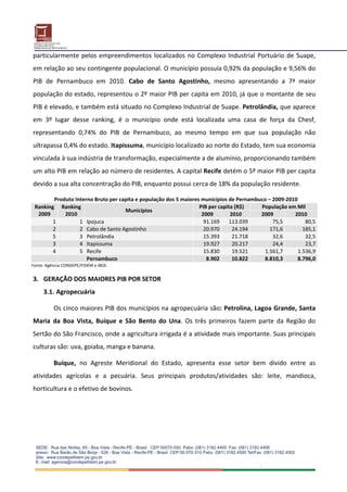 particularmente  pelos  empreendimentos  localizados  no  Complexo  Industrial  Portuário  de  Suape, 
em relação ao seu contingente populacional. O município possuía 0,92% da população e 9,56% do 
PIB  de  Pernambuco  em  2010.  Cabo  de  Santo  Agostinho,  mesmo  apresentando  a  7ª  maior 
população do estado, representou o 2º maior PIB per capita em 2010, já que o montante de seu 
PIB é elevado, e também está situado no Complexo Industrial de Suape. Petrolândia, que aparece 
em  3º  lugar  desse  ranking,  é  o  município  onde  está  localizada  uma  casa  de  força  da  Chesf, 
representando  0,74%  do  PIB  de  Pernambuco,  ao  mesmo  tempo  em  que  sua  população  não 
ultrapassa 0,4% do estado. Itapissuma, município localizado ao norte do Estado, tem sua economia 
vinculada à sua indústria de transformação, especialmente a de alumínio, proporcionando também 
um alto PIB em relação ao número de residentes. A capital Recife detém o 5º maior PIB per capita 
devido a sua alta concentração do PIB, enquanto possui cerca de 18% da população residente. 

         Produto Interno Bruto per capita e população dos 5 maiores municípios de Pernambuco – 2009‐2010 
 Ranking  Ranking                                                  PIB per capita (R$)    População em Mil
                                       Municípios 
   2009        2010                                                 2009        2010      2009         2010
         1           1  Ipojuca                                      91.169    113.039         75,5        80,5
         2           2  Cabo de Santo Agostinho                      20.970      24.194       171,6       185,1
         5           3  Petrolândia                                  15.393      21.718        32,6        32,5
         3           4  Itapissuma                                   19.927      20.217        24,4        23,7
         4           5  Recife                                       15.830      19.521     1.561,7     1.536,9
                        Pernambuco                                    8.902      10.822    8.810,3      8.796,0
Fonte: Agência CONDEPE/FIDEM e IBGE. 


3. GERAÇÃO DOS MAIORES PIB POR SETOR 
     3.1. Agropecuária 

          Os cinco maiores PIB dos municípios na agropecuária são: Petrolina, Lagoa Grande, Santa 
Maria  da  Boa  Vista,  Buíque  e  São  Bento  do  Una.  Os  três  primeiros  fazem  parte  da  Região  do 
Sertão do São Francisco, onde a agricultura irrigada é a atividade mais importante. Suas principais 
culturas são: uva, goiaba, manga e banana.  

          Buíque,  no  Agreste  Meridional  do  Estado,  apresenta  esse  setor  bem  divido  entre  as 
atividades  agrícolas  e  a  pecuária.  Seus  principais  produtos/atividades  são:  leite,  mandioca, 
horticultura e o efetivo de bovinos.  
 