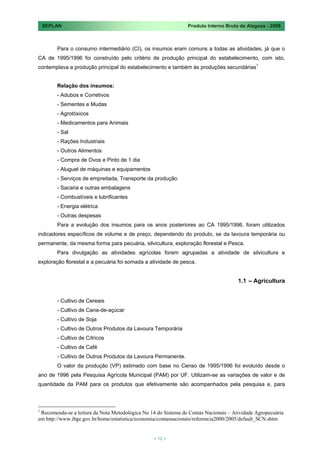 SEPLAN                                                      Produto Interno Bruto de Alagoas - 2008



        Para o consumo intermediário (CI), os insumos eram comuns a todas as atividades, já que o
CA de 1995/1996 foi construído pelo critério de produção principal do estabelecimento, com isto,
contemplava a produção principal do estabelecimento e também às produções secundárias1


        Relação dos insumos:
        - Adubos e Corretivos
        - Sementes e Mudas
        - Agrotóxicos
        - Medicamentos para Animais
        - Sal
        - Rações Industriais
        - Outros Alimentos
        - Compra de Ovos e Pinto de 1 dia
        - Aluguel de máquinas e equipamentos
        - Serviços de empreitada, Transporte da produção
        - Sacaria e outras embalagens
        - Combustíveis e lubrificantes
        - Energia elétrica
        - Outras despesas
        Para a evolução dos insumos para os anos posteriores ao CA 1995/1996, foram utilizados
indicadores específicos de volume e de preço, dependendo do produto, se da lavoura temporária ou
permanente, da mesma forma para pecuária, silvicultura, exploração florestal e Pesca.
        Para divulgação as atividades agrícolas foram agrupadas a atividade de silvicultura e
exploração florestal e a pecuária foi somada a atividade de pesca.


                                                                                      1.1 – Agricultura


        - Cultivo de Cereais
        - Cultivo de Cana-de-açúcar
        - Cultivo de Soja
        - Cultivo de Outros Produtos da Lavoura Temporária
        - Cultivo de Cítricos
        - Cultivo de Café
        - Cultivo de Outros Produtos da Lavoura Permanente.
        O valor da produção (VP) estimado com base no Censo de 1995/1996 foi evoluído desde o
ano de 1996 pela Pesquisa Agrícola Municipal (PAM) por UF. Utilizam-se as variações de valor e de
quantidade da PAM para os produtos que efetivamente são acompanhados pela pesquisa e, para



1
 Recomenda-se a leitura da Nota Metodológica No 14 do Sistema de Contas Nacionais – Atividade Agropecuária
em http://www.ibge.gov.br/home/estatistica/economia/contasnacionais/referencia2000/2005/default_SCN.shtm


                                                  < 12 >
 