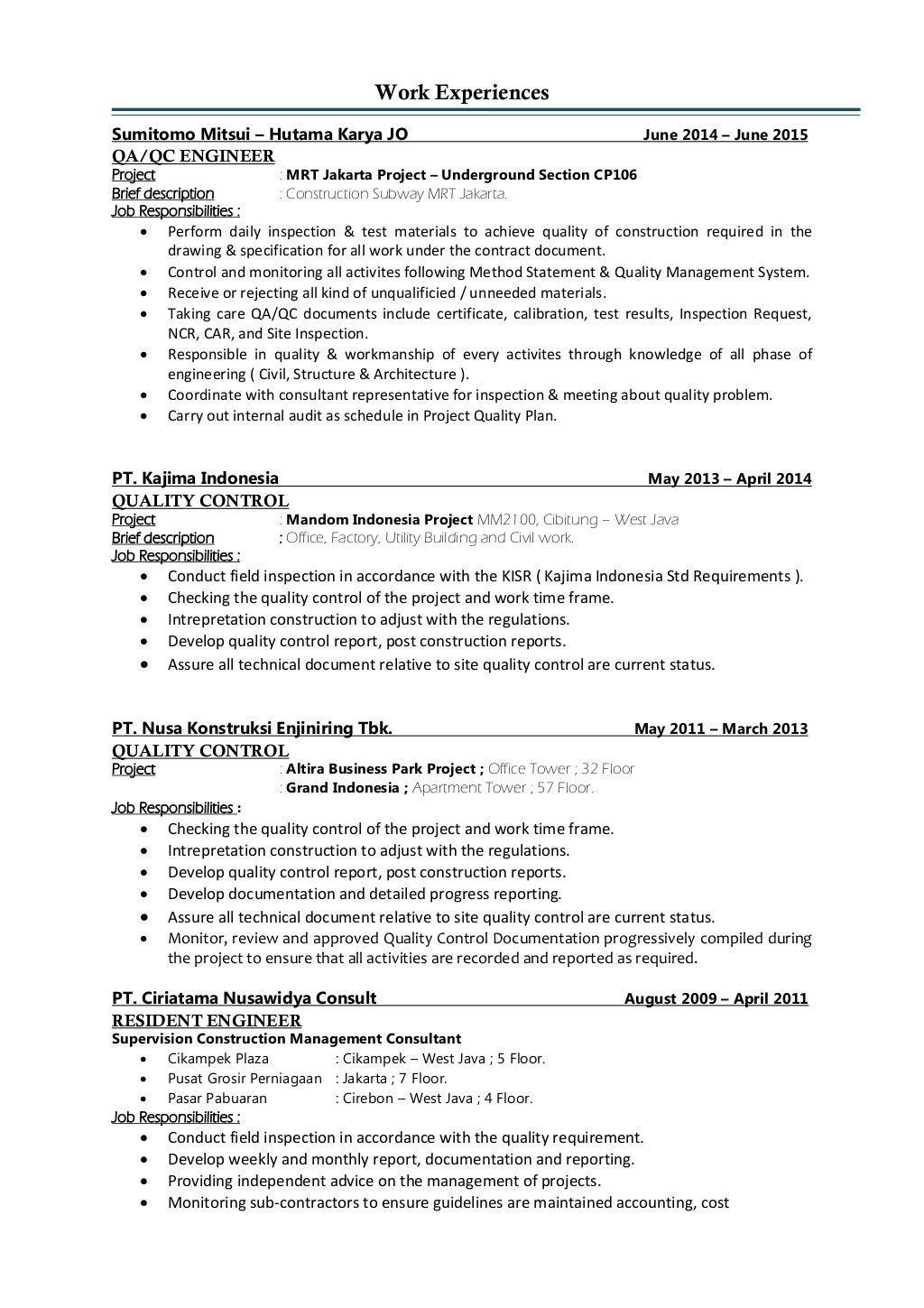 resume format for qa qc engineer