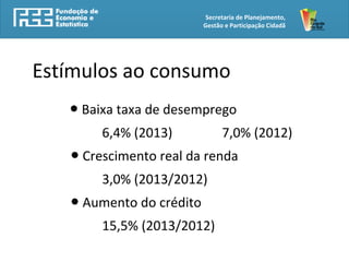 Secretaria de Planejamento,
Gestão e Participação Cidadã
Estímulos ao consumo
● Baixa taxa de desemprego
6,4% (2013) 7,0% (2012)
● Crescimento real da renda
3,0% (2013/2012)
● Aumento do crédito
15,5% (2013/2012)
 