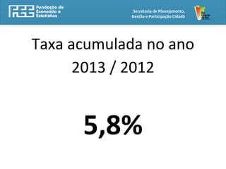 Taxa acumulada no ano
2013 / 2012
5,8%
Secretaria de Planejamento,
Gestão e Participação Cidadã
 