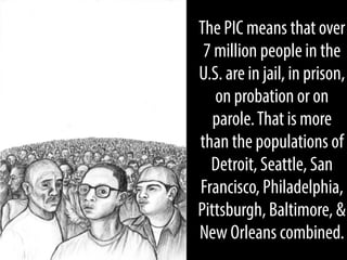 The PIC means that over
7 million people in the
U.S. are in jail, in prison,
on probation or on
parole. That is more
than the populations of
Detroit, Seattle, San
Francisco, Philadelphia,
Pittsburgh, Baltimore, &
New Orleans combined.

 