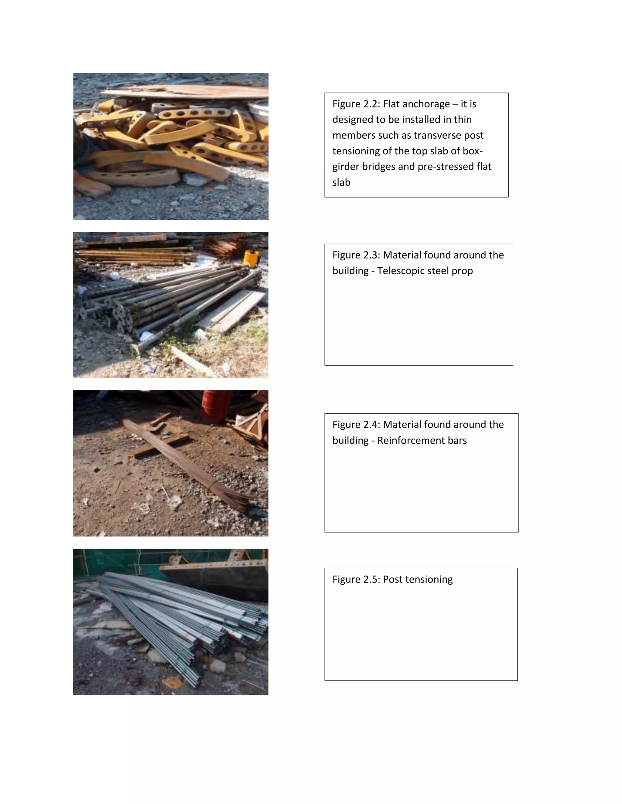 Figure 2.2: Flat anchorage – it is 
designed to be installed in thin 
members such as transverse post 
tensioning of the top slab of box-girder 
bridges and pre-stressed flat 
slab 
Figure 2.3: Material found around the 
building - Telescopic steel prop 
Figure 2.4: Material found around the 
building - Reinforcement bars 
Figure 2.5: Post tensioning 
 