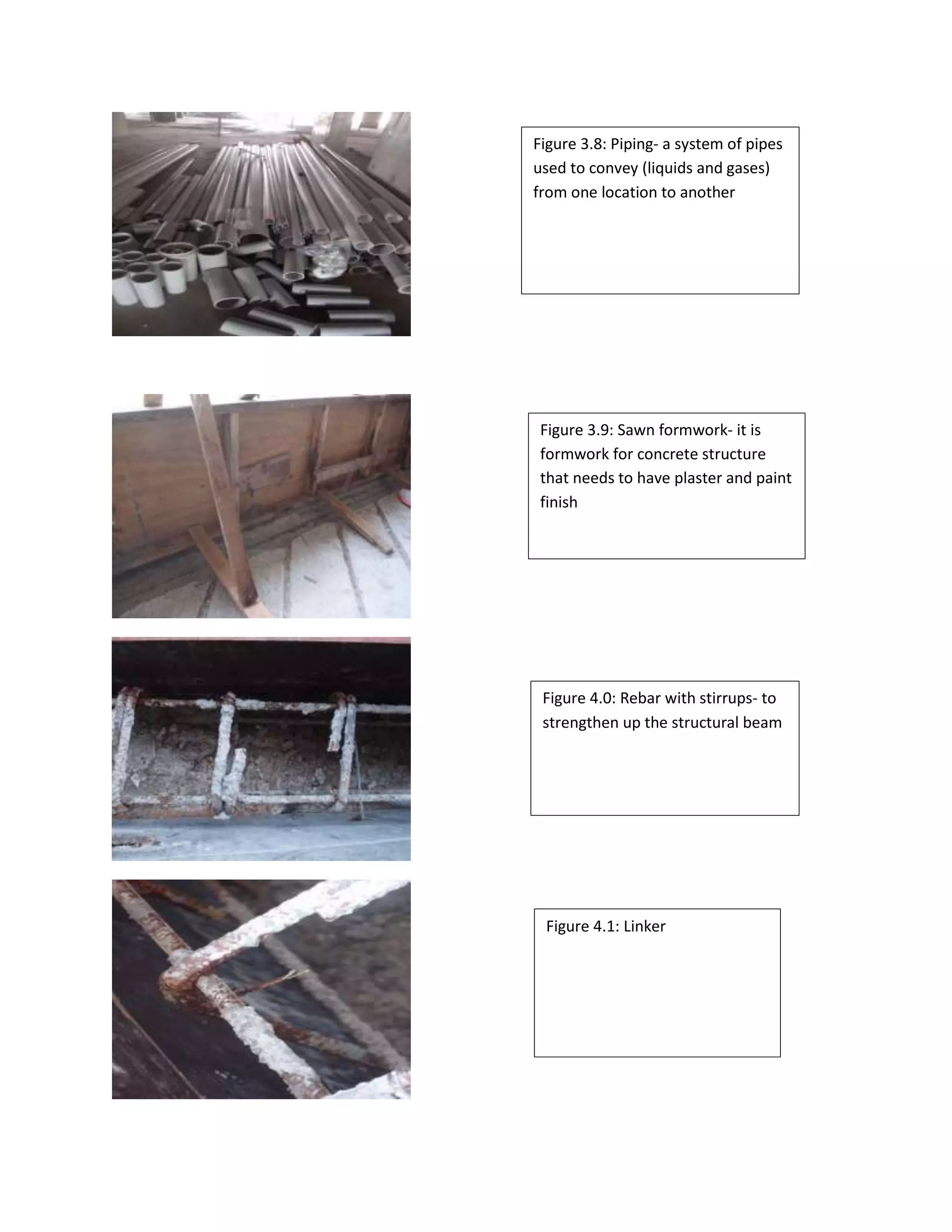 Figure 3.8: Piping- a system of pipes 
used to convey (liquids and gases) 
from one location to another 
Figure 3.9: Sawn formwork- it is 
formwork for concrete structure 
that needs to have plaster and paint 
finish 
Figure 4.0: Rebar with stirrups- to 
strengthen up the structural beam 
Figure 4.1: Linker 
 