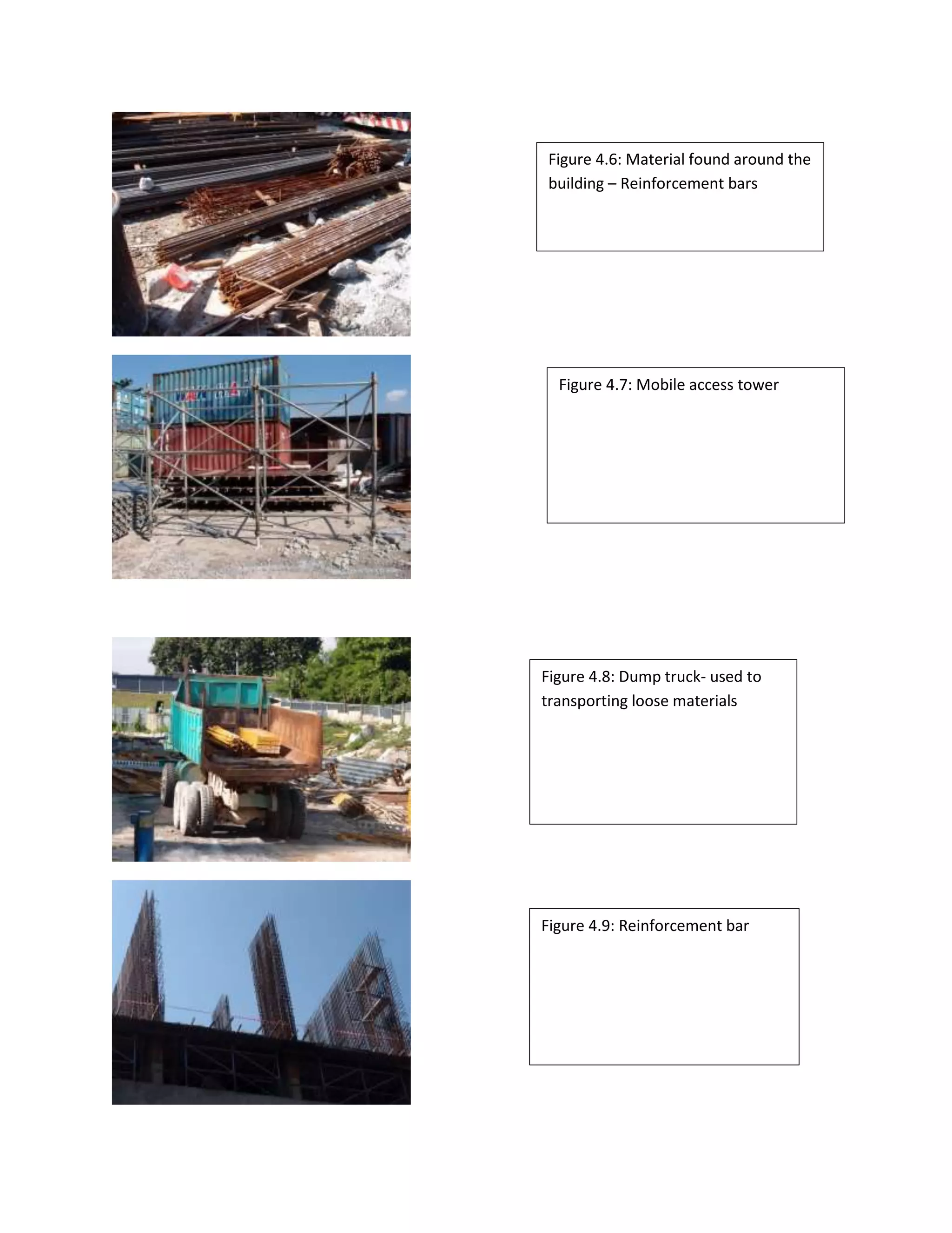 Figure 4.6: Material found around the 
building – Reinforcement bars 
Figure 4.7: Mobile access tower 
Figure 4.8: Dump truck- used to 
transporting loose materials 
Figure 4.9: Reinforcement bar 
 