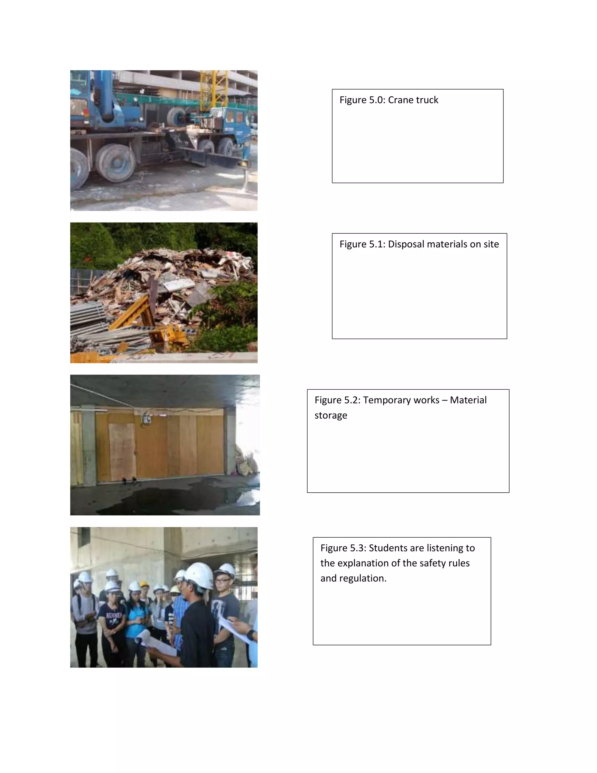 Figure 5.0: Crane truck 
Figure 5.1: Disposal materials on site 
Figure 5.2: Temporary works – Material 
storage 
Figure 5.3: Students are listening to 
the explanation of the safety rules 
and regulation. 
 