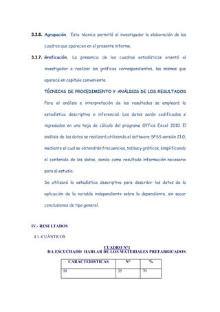 3.3.6. Agrupación. Esta técnica permitió al investigador la elaboración de los
cuadros que aparecen en el presente informe.
3.3.7. Graficación. La presencia de los cuadros estadísticos orientó al
investigador a realizar las gráficas correspondientes, las mismas que
aparece en capítulo conveniente.
TÉCNICAS DE PROCEDIMIENTO Y ANÁLISIS DE LOS RESULTADOS
Para el análisis e interpretación de los resultados se empleará la
estadística descriptiva e inferencial. Los datos serán codificados e
ingresados en una hoja de cálculo del programa Office Excel 2010. El
análisis de los datos se realizará utilizando el software SPSS versión 21.0,
mediante el cual se obtendrán frecuencias, tablas y gráficos, simplificando
el contenido de los datos, dando como resultado información necesaria
para el estudio.
Se utilizará la estadística descriptiva para describir los datos de la
aplicación de la variable independiente sobre la dependiente, sin sacar
conclusiones de tipo general.
IV.- RESULTADOS
4.1.-CUÁNTICOS
CUADRO N°1
HA ESCUCHADO HABLAR DE LOS MATERIALES PREFABRICADOS.
CARACTERISTICAS N° %
SI 35 70
 