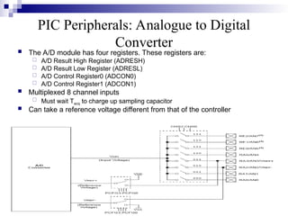 PIC Peripherals: Analogue to Digital
Converter
 The A/D module has four registers. These registers are:
 A/D Result High Register (ADRESH)
 A/D Result Low Register (ADRESL)
 A/D Control Register0 (ADCON0)
 A/D Control Register1 (ADCON1)
 Multiplexed 8 channel inputs
 Must wait Tacq to charge up sampling capacitor
 Can take a reference voltage different from that of the controller
 