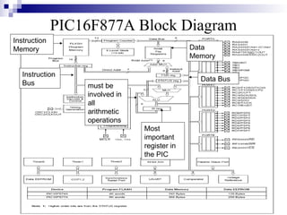 PIC16F877A Block Diagram
Instruction
Bus
Most
important
register in
the PIC
must be
involved in
all
arithmetic
operations
Data Bus
Data
Memory
Instruction
Memory
 