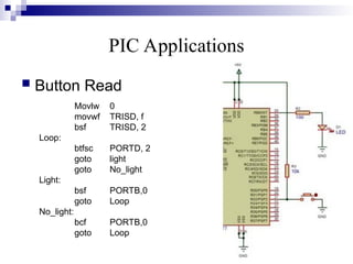 PIC Applications
 Button Read
Movlw 0
movwf TRISD, f
bsf TRISD, 2
Loop:
btfsc PORTD, 2
goto light
goto No_light
Light:
bsf PORTB,0
goto Loop
No_light:
bcf PORTB,0
goto Loop
 