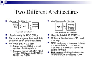 Two Different Architectures
 Harvard Architectures
 Used mostly in RISC CPUs
 Separate program bus and data
bus: can be of different widths
 For example, PICs use:
 Data memory (RAM): a small
number of 8bit registers
 Program memory (ROM): 12bit,
14bit or 16bit wide (in EPROM,
FLASH, or ROM)
 Von-Neumann Architecture
 Used in: 80X86 (CISC PCs)
 Only one bus between CPU and
memory
 RAM and program memory share
the same bus and the same
memory, and so must have the
same bit width
 Bottleneck: Getting instructions
interferes with accessing RAM
 