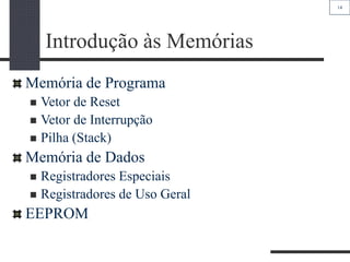 14
Introdução às Memórias
Memória de Programa
 Vetor de Reset
 Vetor de Interrupção
 Pilha (Stack)
Memória de Dados
 Registradores Especiais
 Registradores de Uso Geral
EEPROM
 