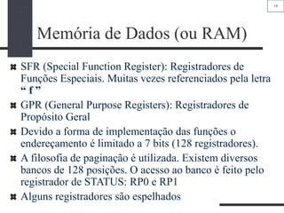 19
Memória de Dados (ou RAM)
SFR (Special Function Register): Registradores de
Funções Especiais. Muitas vezes referenciados pela letra
“ f ”
GPR (General Purpose Registers): Registradores de
Propósito Geral
Devido a forma de implementação das funções o
endereçamento é limitado a 7 bits (128 registradores).
A filosofia de paginação é utilizada. Existem diversos
bancos de 128 posições. O acesso ao banco é feito pelo
registrador de STATUS: RP0 e RP1
Alguns registradores são espelhados
 