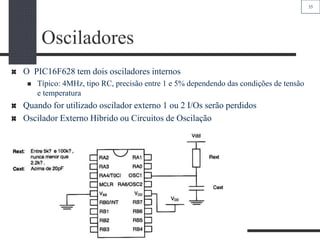 35
Osciladores
O PIC16F628 tem dois osciladores internos
 Típico: 4MHz, tipo RC, precisão entre 1 e 5% dependendo das condições de tensão
e temperatura
Quando for utilizado oscilador externo 1 ou 2 I/Os serão perdidos
Oscilador Externo Híbrido ou Circuitos de Oscilação
Oscilador Externo Tipo RC:
 