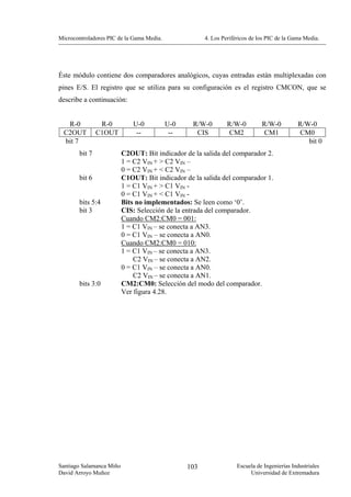 Microcontroladores PIC de la Gama Media.               4. Los Periféricos de los PIC de la Gama Media.




Éste módulo contiene dos comparadores analógicos, cuyas entradas están multiplexadas con
pines E/S. El registro que se utiliza para su configuración es el registro CMCON, que se
describe a continuación:


   R-0           R-0          U-0          U-0    R/W-0         R/W-0         R/W-0          R/W-0
  C2OUT         C1OUT          --           --     CIS          CM2           CM1            CM0
  bit 7                                                                                         bit 0
        bit 7             C2OUT: Bit indicador de la salida del comparador 2.
                          1 = C2 VIN + > C2 VIN –
                          0 = C2 VIN + < C2 VIN –
        bit 6             C1OUT: Bit indicador de la salida del comparador 1.
                          1 = C1 VIN + > C1 VIN -
                          0 = C1 VIN + < C1 VIN -
        bits 5:4          Bits no implementados: Se leen como ‘0’.
        bit 3             CIS: Selección de la entrada del comparador.
                          Cuando CM2:CM0 = 001:
                          1 = C1 VIN – se conecta a AN3.
                          0 = C1 VIN – se conecta a AN0.
                          Cuando CM2:CM0 = 010:
                          1 = C1 VIN – se conecta a AN3.
                              C2 VIN – se conecta a AN2.
                          0 = C1 VIN – se conecta a AN0.
                              C2 VIN – se conecta a AN1.
        bits 3:0          CM2:CM0: Selección del modo del comparador.
                          Ver figura 4.28.




Santiago Salamanca Miño                          103                Escuela de Ingenierías Industriales
David Arroyo Muñoz                                                       Universidad de Extremadura
 