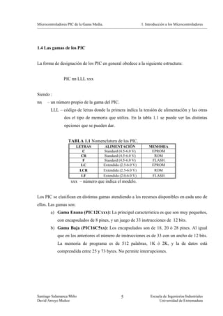 Microcontroladores PIC de la Gama Media.                           1. Introducción a los Microcontroladores




1.4 Las gamas de los PIC


La forma de designación de los PIC en general obedece a la siguiente estructura:


                PIC nn LLL xxx


Siendo :
nn    – un número propio de la gama del PIC.
        LLL – código de letras donde la primera indica la tensión de alimentación y las otras
                dos el tipo de memoria que utiliza. En la tabla 1.1 se puede ver las distintas
                opciones que se pueden dar.


                  TABLA 1.1 Nomenclatura de los PIC.
                        LETRAS              ALIMENTACIÓN               MEMORIA
                          C                Standard (4.5-6.0 V)         EPROM
                          CR               Standard (4.5-6.0 V)          ROM
                           F               Standard (4.5-6.0 V)         FLASH
                          LC               Extendida (2.5-6.0 V)        EPROM
                         LCR               Extendida (2.5-6.0 V)         ROM
                          LF               Extendida (2.0-6.0 V)        FLASH
                    xxx – número que indica el modelo.


Los PIC se clasifican en distintas gamas atendiendo a los recursos disponibles en cada uno de
ellos. Las gamas son:
        a) Gama Enana (PIC12Cxxx): La principal característica es que son muy pequeños,
            con encapsulados de 8 pines, y un juego de 33 instrucciones de 12 bits.
        b) Gama Baja (PIC16C5xx): Los encapsulados son de 18, 20 ó 28 pines. Al igual
            que en los anteriores el número de instrucciones es de 33 con un ancho de 12 bits.
            La memoria de programa es de 512 palabras, 1K ó 2K, y la de datos está
            comprendida entre 25 y 73 bytes. No permite interrupciones.




Santiago Salamanca Miño                               5                  Escuela de Ingenierías Industriales
David Arroyo Muñoz                                                            Universidad de Extremadura
 