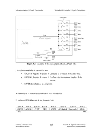 Microcontroladores PIC de la Gama Media.            4. Los Periféricos de los PIC de la Gama Media.




                Figura 4.31 Diagrama de bloques del convertidor A/D de 8 bits.


Los registros asociados al convertidor son:
        •   ADCON0: Registro de control 0: Controlan la operación A/D del módulo.
        •   ADCON1: Registro de control 1: Configura las funciones de los pines de los
                                              puertos.
        •   ADRES: Resultado de la conversión.




A continuación se realiza la descripción de cada uno de ellos.


El registro ADCON0 consta de los siguientes bits:


  R/W-0       R/W-0       R/W-0       R/W-0    R/W-0      R/W-0    R/W-0                  R/W-0
  ADCS1       ADCS0       CHS2         CHS1     CHS0     GO/ DONE Reservado               ADON
  bit 7                                                                                      bit 0




Santiago Salamanca Miño                       107                Escuela de Ingenierías Industriales
David Arroyo Muñoz                                                    Universidad de Extremadura
 