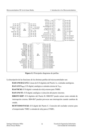 Microcontroladores PIC de la Gama Media.                   1. Introducción a los Microcontroladores




                          Figura 1.1 Principales diagramas de patillas.


La descripción de las funciones de las distintas patillas del microcontrolador son:
        RA0/AN0-RA2/AN2: Líneas de E/S digitales del Puerto A, o entradas analógicas.
        RA3/AN3/VREF: E/S digital, analógica o entrada externa de VREF.
        RA4/T0CKI: E/S digital o entrada de reloj externo para TMR0.
        RA5/AN4/ SS : E/S digital, analógica o selección del puerto síncrono.
        RB0/INT-RB7: E/S digitales del Puerto B. RB0/INT puede actuar como entrada de
        interrupción externa. RB4-Rb7 pueden provocar una interrupción cuando cambian de
        estado.
        RC0/T1OSO/T1CKI: E/S digital del Puerto C. Conexión del oscilador externo para
        el temporizador TMR1 o entrada de reloj para el TMR1.




Santiago Salamanca Miño                        8                 Escuela de Ingenierías Industriales
David Arroyo Muñoz                                                    Universidad de Extremadura
 