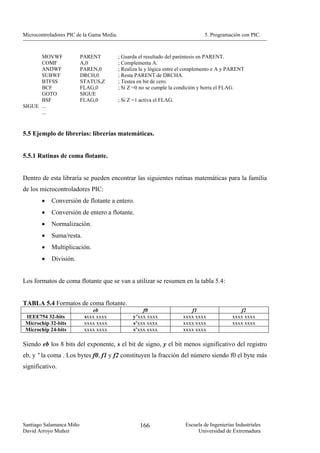 Microcontroladores PIC de la Gama Media.                                        5. Programación con PIC.



      MOVWF               PARENT           ; Guarda el resultado del paréntesis en PARENT.
      COMF                A,0              ; Complementa A.
      ANDWF               PAREN,0          ; Realiza la y lógica entre el complemento e A y PARENT
      SUBWF               DRCH,0           ; Resta PARENT de DRCHA.
      BTFSS               STATUS,Z         ; Testea en bit de cero.
      BCF                 FLAG,0           ; Si Z =0 no se cumple la condición y borra el FLAG.
      GOTO                SIGUE
      BSF                 FLAG,0           ; Si Z =1 activa el FLAG.
SIGUE ...
      ...


5.5 Ejemplo de librerías: librerías matemáticas.


5.5.1 Rutinas de coma flotante.


Dentro de esta libraría se pueden encontrar las siguientes rutinas matemáticas para la familia
de los microcontroladores PIC:
        •   Conversión de flotante a entero.
        •   Conversión de entero a flotante.
        •   Normalización.
        •   Suma/resta.
        •   Multiplicación.
        •   División.


Los formatos de coma flotante que se van a utilizar se resumen en la tabla 5.4:


TABLA 5.4 Formatos de coma flotante.
                              eb                     f0                   f1                    f2
 IEEE754 32-bits           sxxx xxxx             y’xxx xxxx            xxxx xxxx             xxxx xxxx
 Microchip 32-bits         xxxx xxxx             s’xxx xxxx            xxxx xxxx             xxxx xxxx
 Microchip 24-bits         xxxx xxxx             s’xxx xxxx            xxxx xxxx

Siendo eb los 8 bits del exponente, s el bit de signo, y el bit menos significativo del registro
eb, y ’ la coma . Los bytes f0, f1 y f2 constituyen la fracción del número siendo f0 el byte más
significativo.




Santiago Salamanca Miño                             166                 Escuela de Ingenierías Industriales
David Arroyo Muñoz                                                           Universidad de Extremadura
 