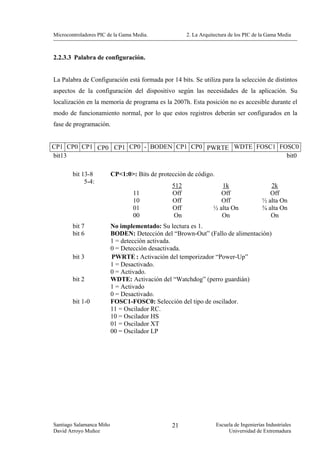 Microcontroladores PIC de la Gama Media.              2. La Arquitectura de los PIC de la Gama Media



2.2.3.3 Palabra de configuración.


La Palabra de Configuración está formada por 14 bits. Se utiliza para la selección de distintos
aspectos de la configuración del dispositivo según las necesidades de la aplicación. Su
localización en la memoria de programa es la 2007h. Esta posición no es accesible durante el
modo de funcionamiento normal, por lo que estos registros deberán ser configurados en la
fase de programación.


CP1 CP0 CP1 CP0 CP1 CP0 - BODEN CP1 CP0 PWRTE WDTE FOSC1 FOSC0
bit13                                                      bit0

        bit 13-8          CP<1:0>: Bits de protección de código.
             5-4:
                                                512                 1k                     2k
                                  11            Off                 Off                    Off
                                  10            Off                 Off                 ½ alta On
                                  01            Off              ½ alta On              ¾ alta On
                                  00             On                 On                     On
        bit 7             No implementado: Su lectura es 1.
        bit 6             BODEN: Detección del “Brown-Out” (Fallo de alimentación)
                          1 = detección activada.
                          0 = Detección desactivada.
        bit 3             PWRTE : Activación del temporizador “Power-Up”
                          1 = Desactivado.
                          0 = Activado.
        bit 2             WDTE: Activación del “Watchdog” (perro guardián)
                          1 = Activado
                          0 = Desactivado.
        bit 1-0           FOSC1-FOSC0: Selección del tipo de oscilador.
                          11 = Oscilador RC.
                          10 = Oscilador HS
                          01 = Oscilador XT
                          00 = Oscilador LP




Santiago Salamanca Miño                         21                 Escuela de Ingenierías Industriales
David Arroyo Muñoz                                                      Universidad de Extremadura
 