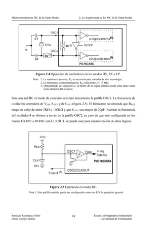 Microcontroladores PIC de la Gama Media.                  2. La Arquitectura de los PIC de la Gama Media




                    Figura 2.4 Operación de osciladores en los modos HS, XT o LP.
                 Nota 1: La resistencia en serie, RS, es necesaria para cristales de alta tecnología.
                      2: La resistencia de realimentación, RF, varía entre 2 y 10 MΩ.
                      3: Dependiendo del dispositivo, el buffer de la lógica interna puede estar tanto antes
                         como después del inversor.


Para una red RC el modo de conexión utilizará únicamente la patilla OSC1. La frecuencia de
oscilación dependerá de VDD, REXT y de CEXT (figura 2.5). El fabricante recomienda que REXT
tenga un valor de entre 3KΩ y 100KΩ y que CEXT sea mayor de 20pF. Además la frecuencia
del oscilador/4 se obtiene a través de la patilla OSC2, en caso de que esté configurada en los
modos EXTRC o INTRC con CLKOUT, se puede usar para sincronización de otras lógicas.




                                Figura 2.5 Operación en modo RC.
              Nota 1: Esta patilla también puede ser configurada como una E/S de propósito general.




Santiago Salamanca Miño                             24                  Escuela de Ingenierías Industriales
David Arroyo Muñoz                                                           Universidad de Extremadura
 