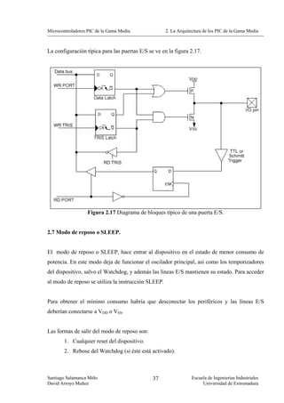 Microcontroladores PIC de la Gama Media.             2. La Arquitectura de los PIC de la Gama Media



La configuración típica para las puertas E/S se ve en la figura 2.17.




                   Figura 2.17 Diagrama de bloques típico de una puerta E/S.


2.7 Modo de reposo o SLEEP.


El modo de reposo o SLEEP, hace entrar al dispositivo en el estado de menor consumo de
potencia. En este modo deja de funcionar el oscilador principal, así como los temporizadores
del dispositivo, salvo el Watchdog, y además las líneas E/S mantienen su estado. Para acceder
al modo de reposo se utiliza la instrucción SLEEP.


Para obtener el mínimo consumo habría que desconectar los periféricos y las líneas E/S
deberían conectarse a VDD o VSS.


Las formas de salir del modo de reposo son:
        1. Cualquier reset del dispositivo.
        2. Rebose del Watchdog (si éste está activado).



Santiago Salamanca Miño                        37                Escuela de Ingenierías Industriales
David Arroyo Muñoz                                                    Universidad de Extremadura
 