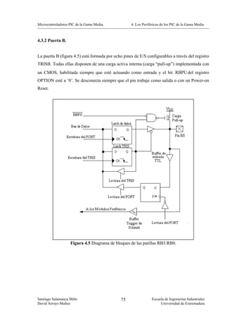 Microcontroladores PIC de la Gama Media.           4. Los Periféricos de los PIC de la Gama Media.



4.3.2 Puerta B.


La puerta B (figura 4.5) está formada por ocho pines de E/S configurables a través del registro
TRISB. Todas ellas disponen de una carga activa interna (carga “pull-up”) implementada con
un CMOS, habilitada siempre que esté actuando como entrada y el bit RBPU del registro
OPTION esté a ‘0’. Se desconecta siempre que el pin trabaje como salida o con un Power-on
Reset.




                   Figura 4.5 Diagrama de bloques de las patillas RB3:RB0.




Santiago Salamanca Miño                       75                Escuela de Ingenierías Industriales
David Arroyo Muñoz                                                   Universidad de Extremadura
 