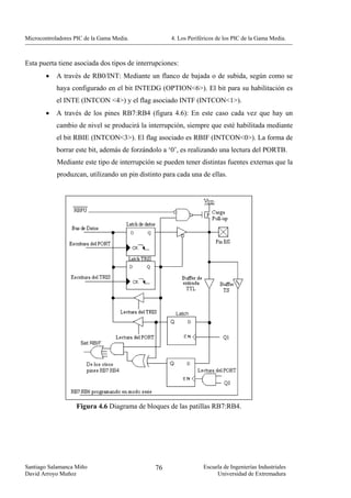Microcontroladores PIC de la Gama Media.             4. Los Periféricos de los PIC de la Gama Media.



Esta puerta tiene asociada dos tipos de interrupciones:
        •   A través de RB0/INT: Mediante un flanco de bajada o de subida, según como se
            haya configurado en el bit INTEDG (OPTION<6>). El bit para su habilitación es
            el INTE (INTCON <4>) y el flag asociado INTF (INTCON<1>).
        •   A través de los pines RB7:RB4 (figura 4.6): En este caso cada vez que hay un
            cambio de nivel se producirá la interrupción, siempre que esté habilitada mediante
            el bit RBIE (INTCON<3>). El flag asociado es RBIF (INTCON<0>). La forma de
            borrar este bit, además de forzándolo a ‘0’, es realizando una lectura del PORTB.
            Mediante este tipo de interrupción se pueden tener distintas fuentes externas que la
            produzcan, utilizando un pin distinto para cada una de ellas.




                   Figura 4.6 Diagrama de bloques de las patillas RB7:RB4.




Santiago Salamanca Miño                        76                 Escuela de Ingenierías Industriales
David Arroyo Muñoz                                                     Universidad de Extremadura
 